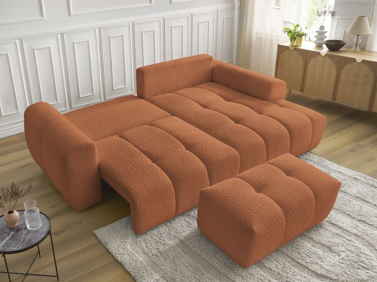 Canapé d'angle convertible coffre ROXELANE tissu bouclette avec pouf