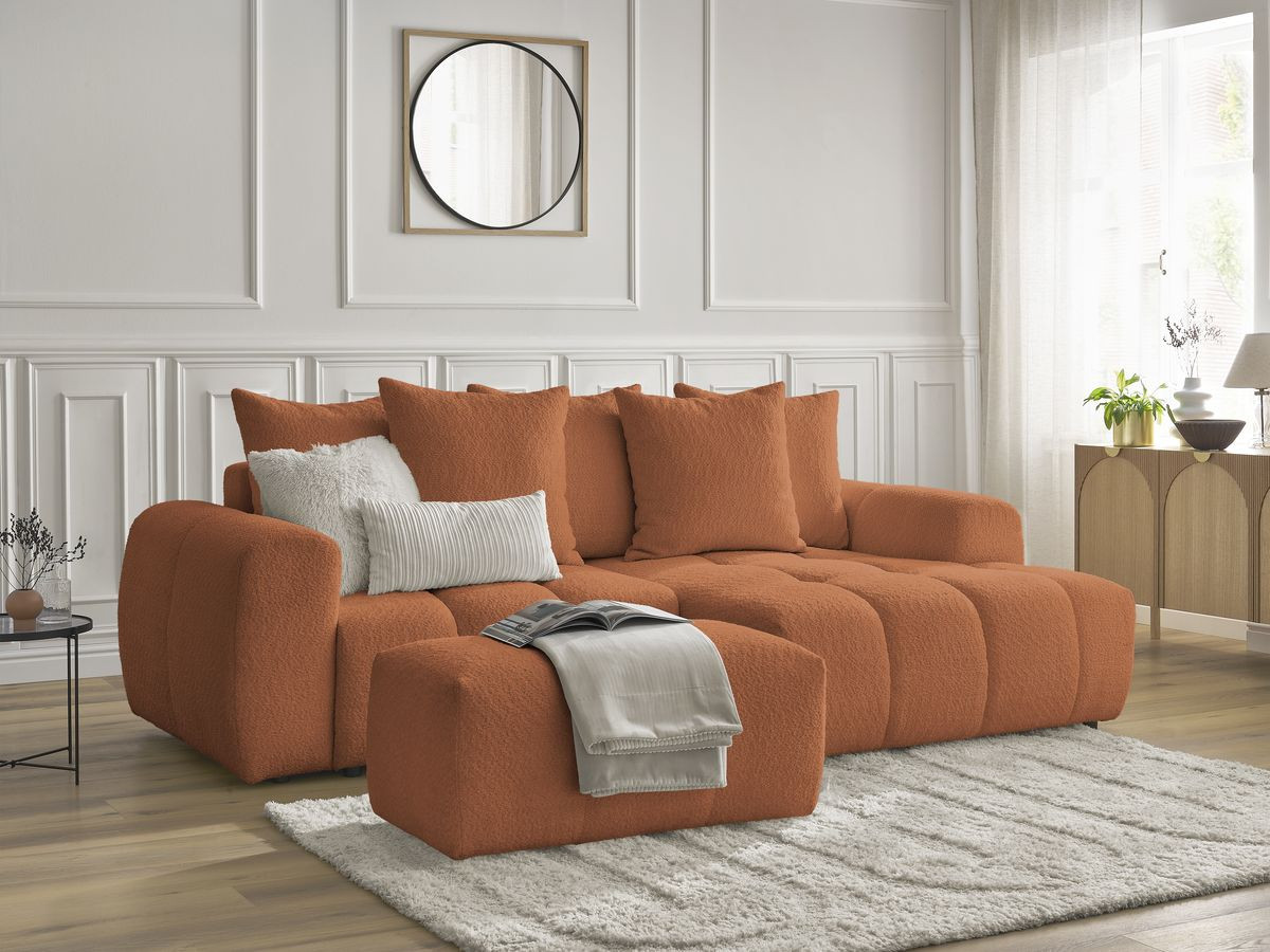 Canapé d'angle convertible coffre ROXELANE tissu bouclette avec pouf