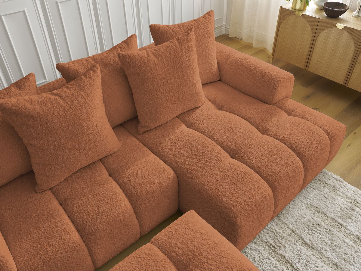Canapé d'angle convertible coffre ROXELANE tissu bouclette avec pouf