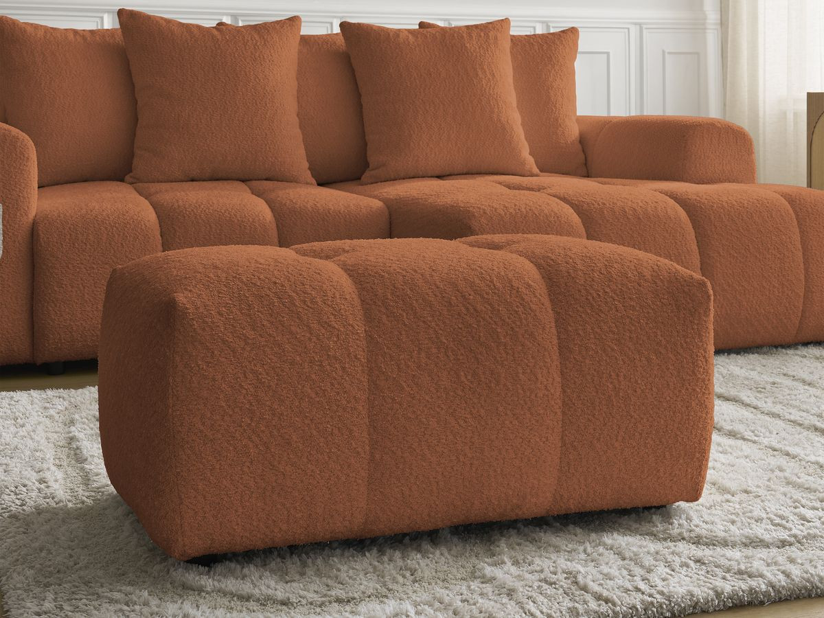 Canapé d'angle convertible coffre ROXELANE tissu bouclette avec pouf