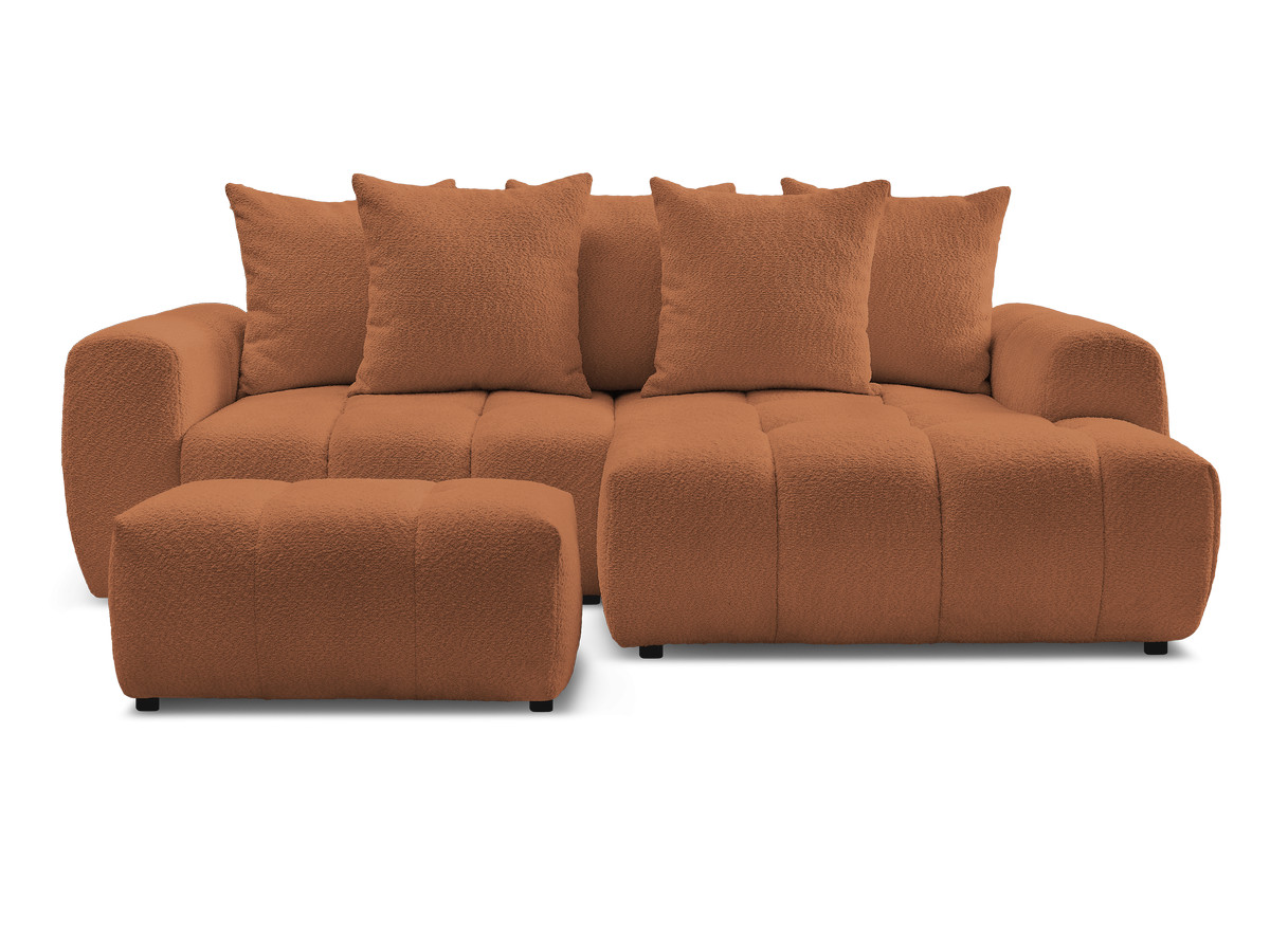 Canapé d'angle convertible coffre ROXELANE tissu bouclette avec pouf