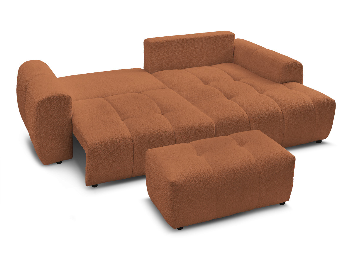 Canapé d'angle convertible coffre ROXELANE tissu bouclette avec pouf
