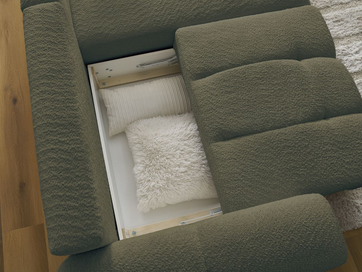 Canapé d'angle convertible coffre ROXELANE tissu bouclette avec pouf