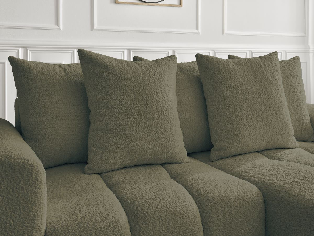 Canapé d'angle convertible coffre ROXELANE tissu bouclette avec pouf