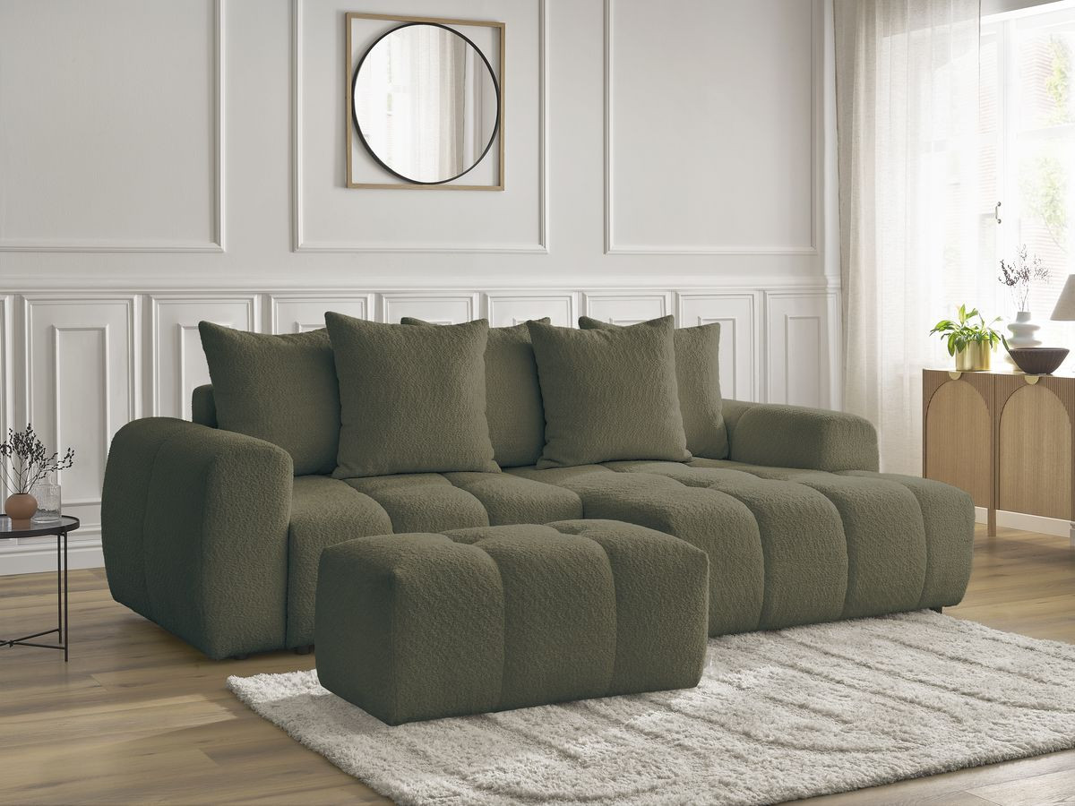 Canapé d'angle convertible coffre ROXELANE tissu bouclette avec pouf
