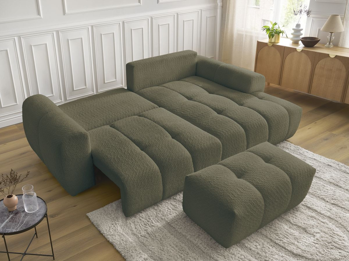 Canapé d'angle convertible coffre ROXELANE tissu bouclette avec pouf