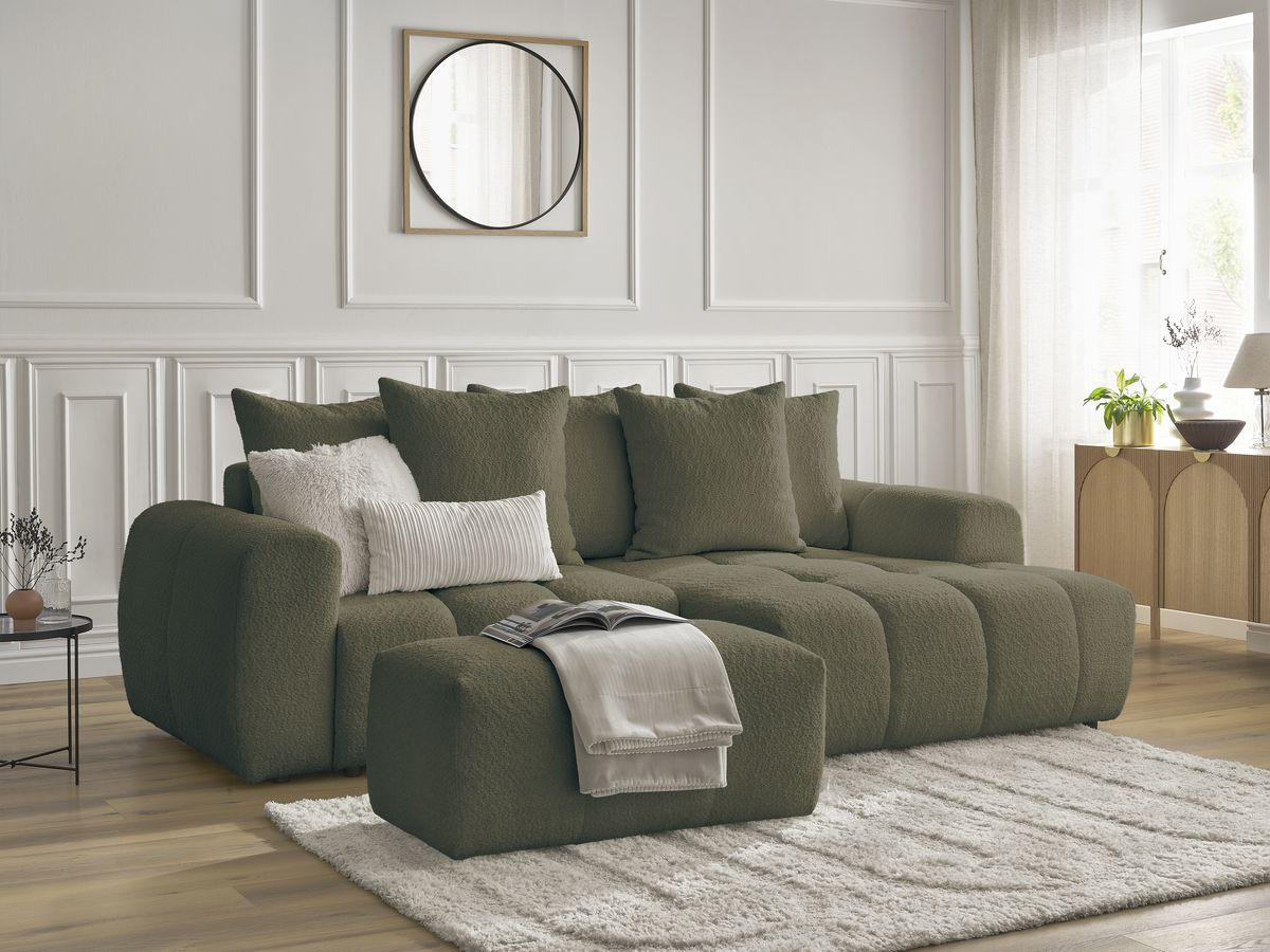 Canapé d'angle convertible coffre ROXELANE tissu bouclette avec pouf