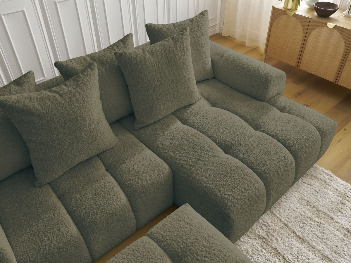 Canapé d'angle convertible coffre ROXELANE tissu bouclette avec pouf