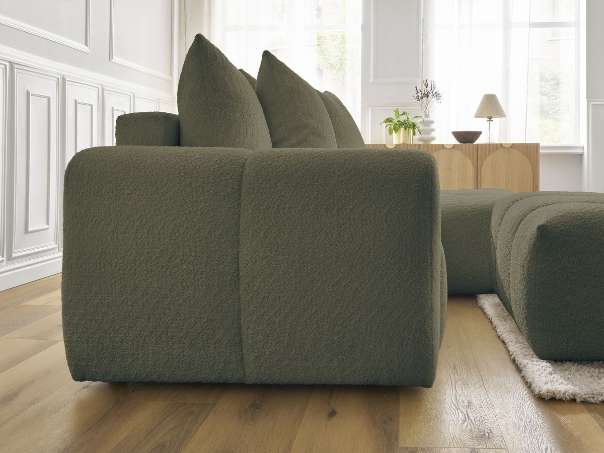 Canapé d'angle convertible coffre ROXELANE tissu bouclette avec pouf
