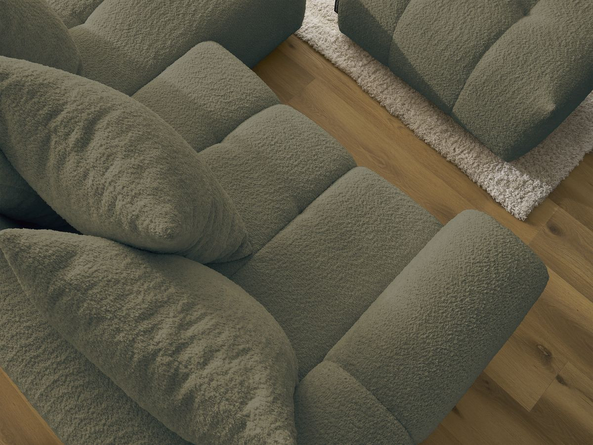 Canapé d'angle convertible coffre ROXELANE tissu bouclette avec pouf