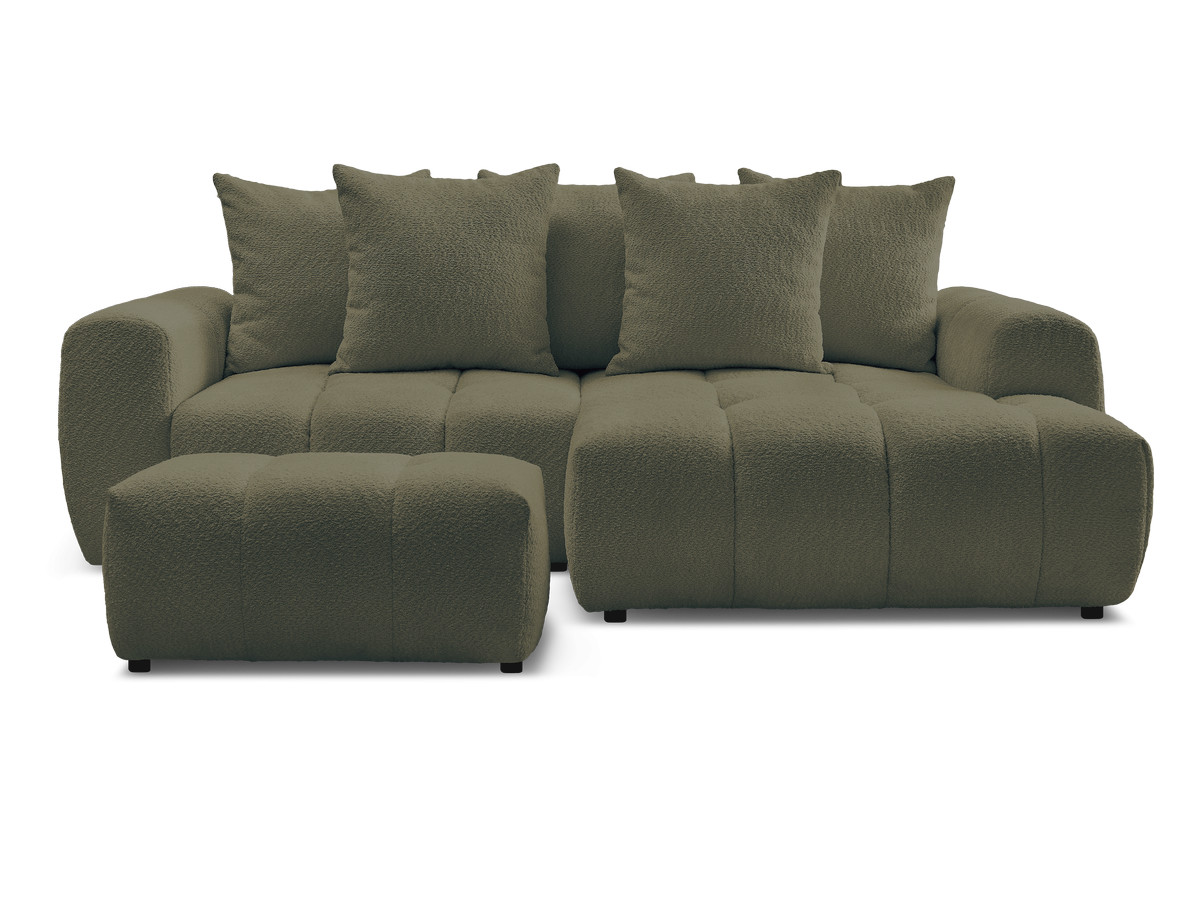 Canapé d'angle convertible coffre ROXELANE tissu bouclette avec pouf