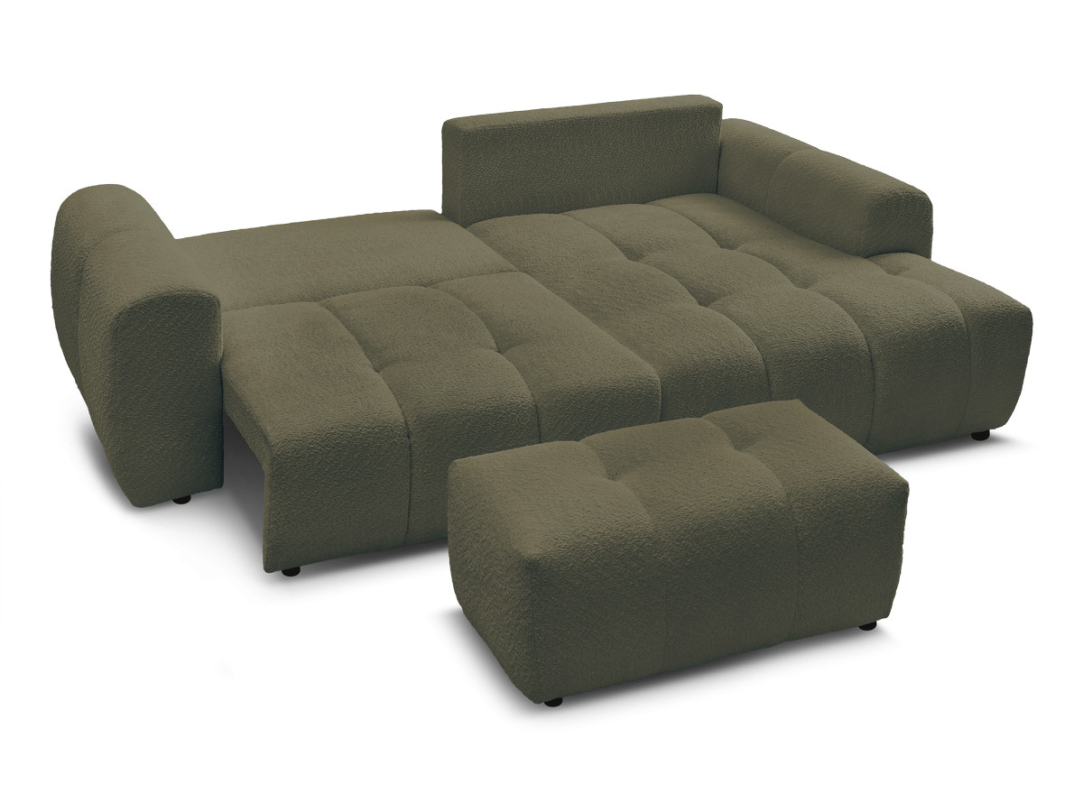 Canapé d'angle convertible coffre ROXELANE tissu bouclette avec pouf