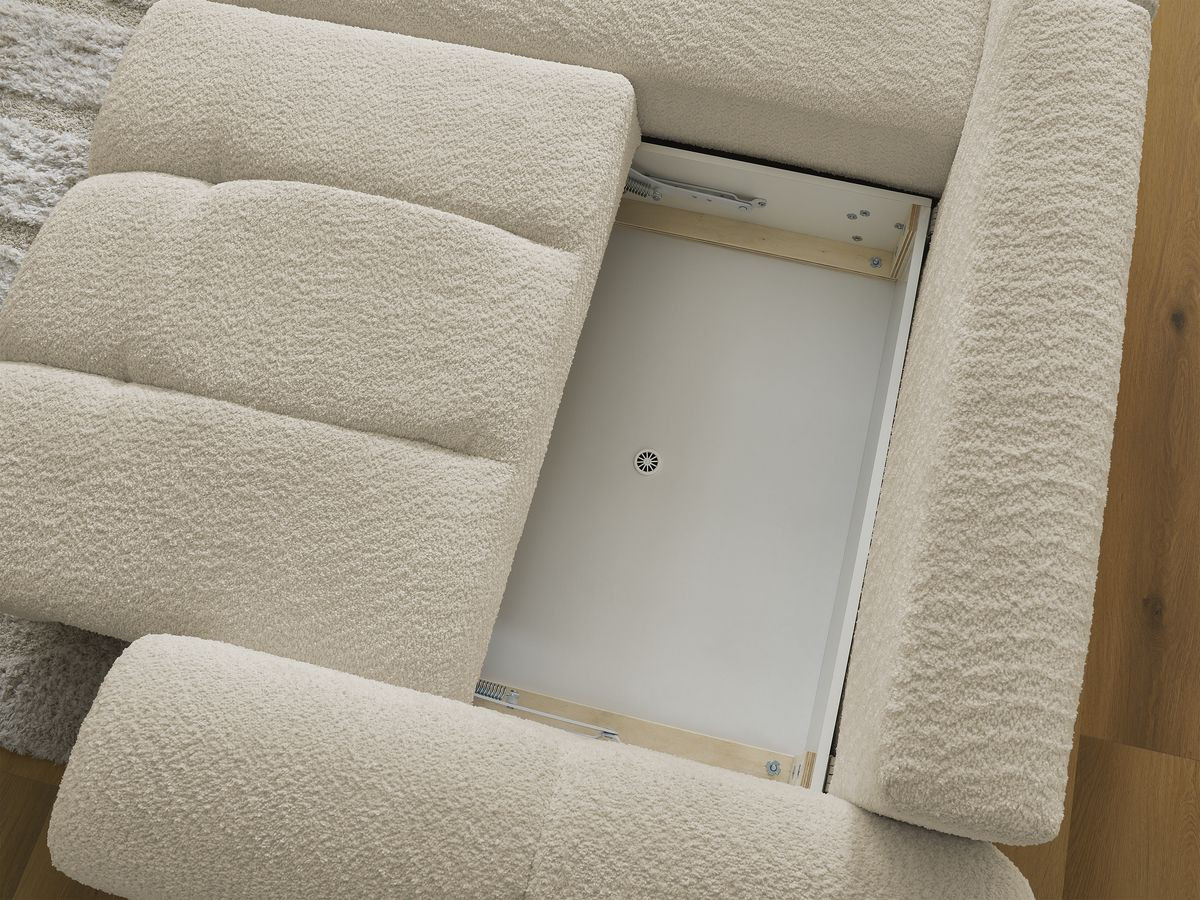 Canapé d'angle convertible coffre ROXELANE tissu bouclette avec pouf