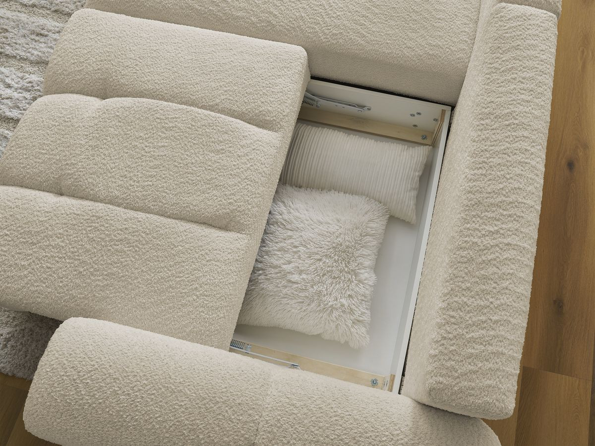 Canapé d'angle convertible coffre ROXELANE tissu bouclette avec pouf