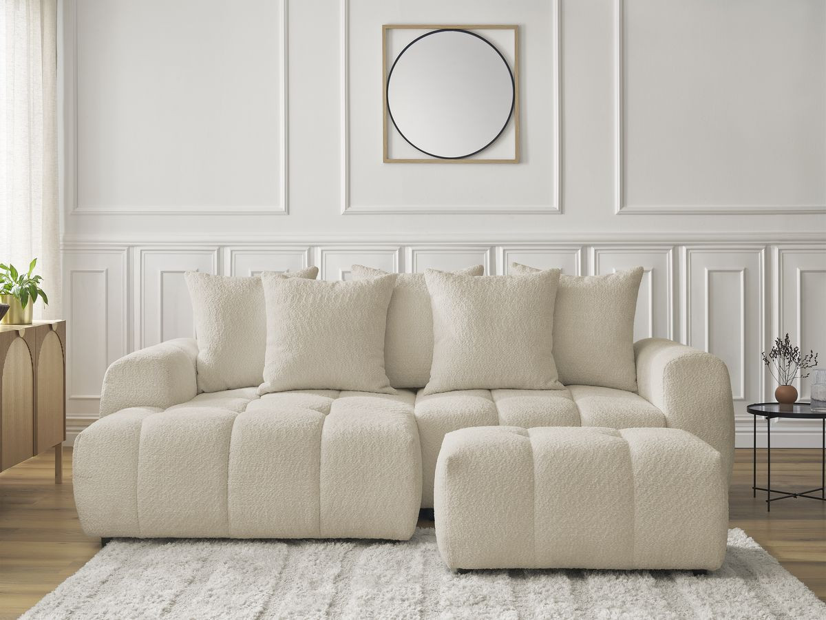 Canapé d'angle convertible coffre ROXELANE tissu bouclette avec pouf beige angle gauche BOBOCHIC 3 places - Vue supplémentaire 3