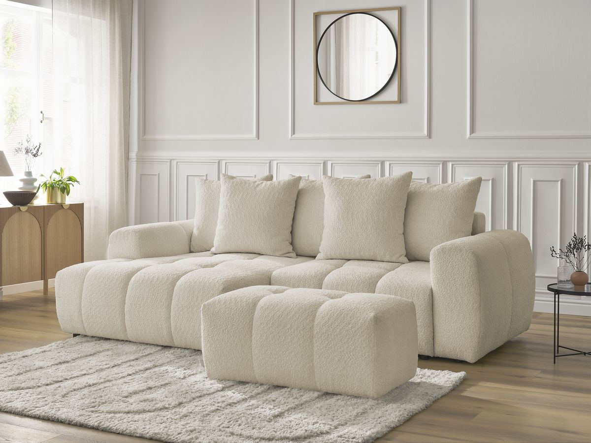 Canapé d'angle convertible coffre ROXELANE tissu bouclette avec pouf