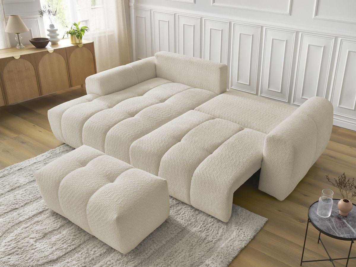 Canapé d'angle convertible coffre ROXELANE tissu bouclette avec pouf