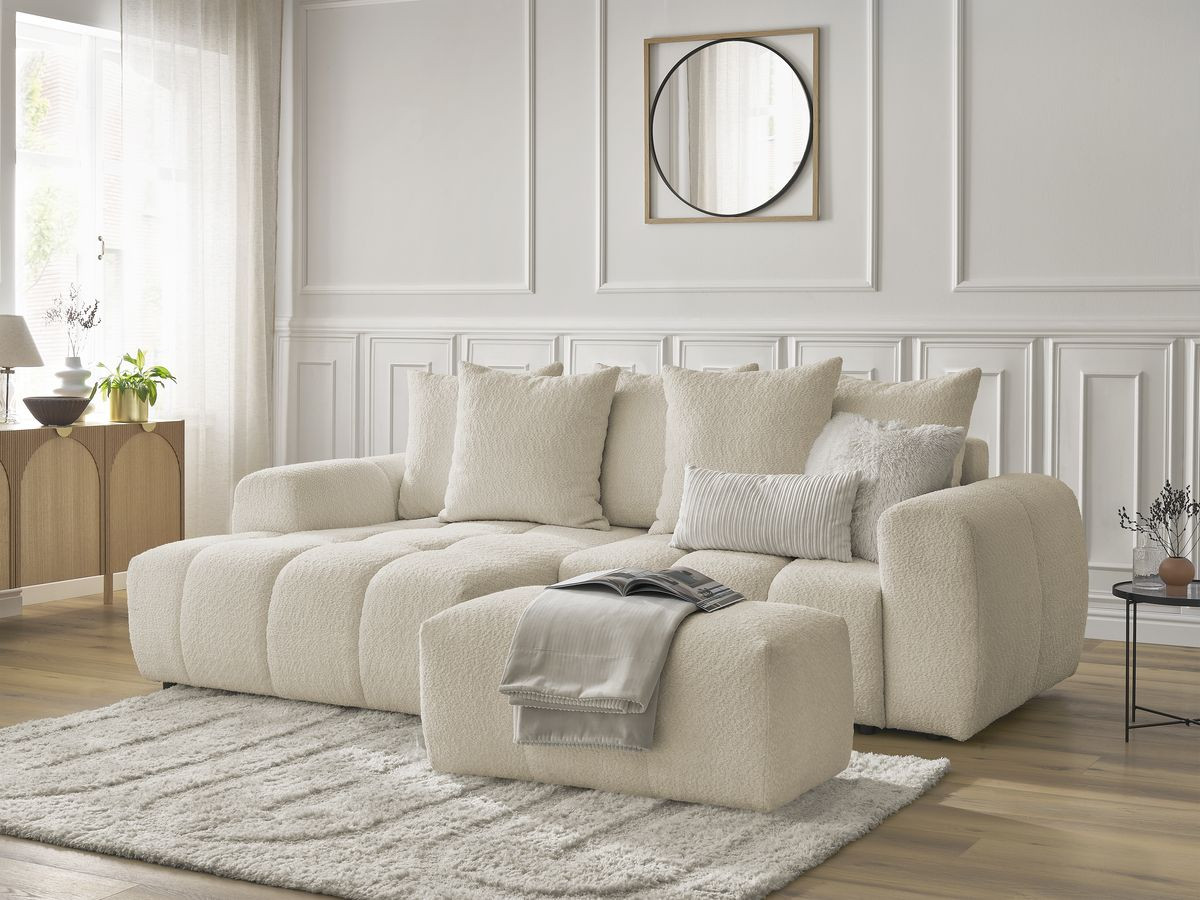 Canapé d'angle convertible coffre ROXELANE tissu bouclette avec pouf