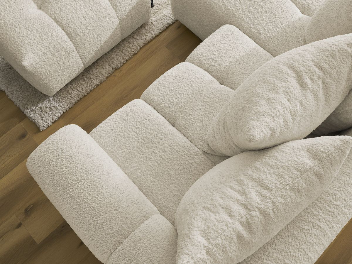 Canapé d'angle convertible coffre ROXELANE tissu bouclette avec pouf