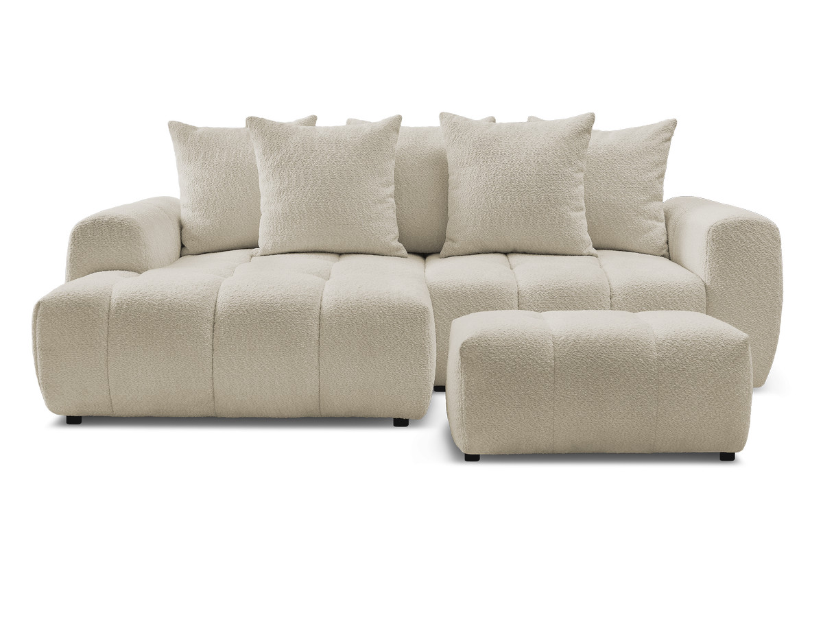 Canapé d'angle convertible coffre ROXELANE tissu bouclette avec pouf