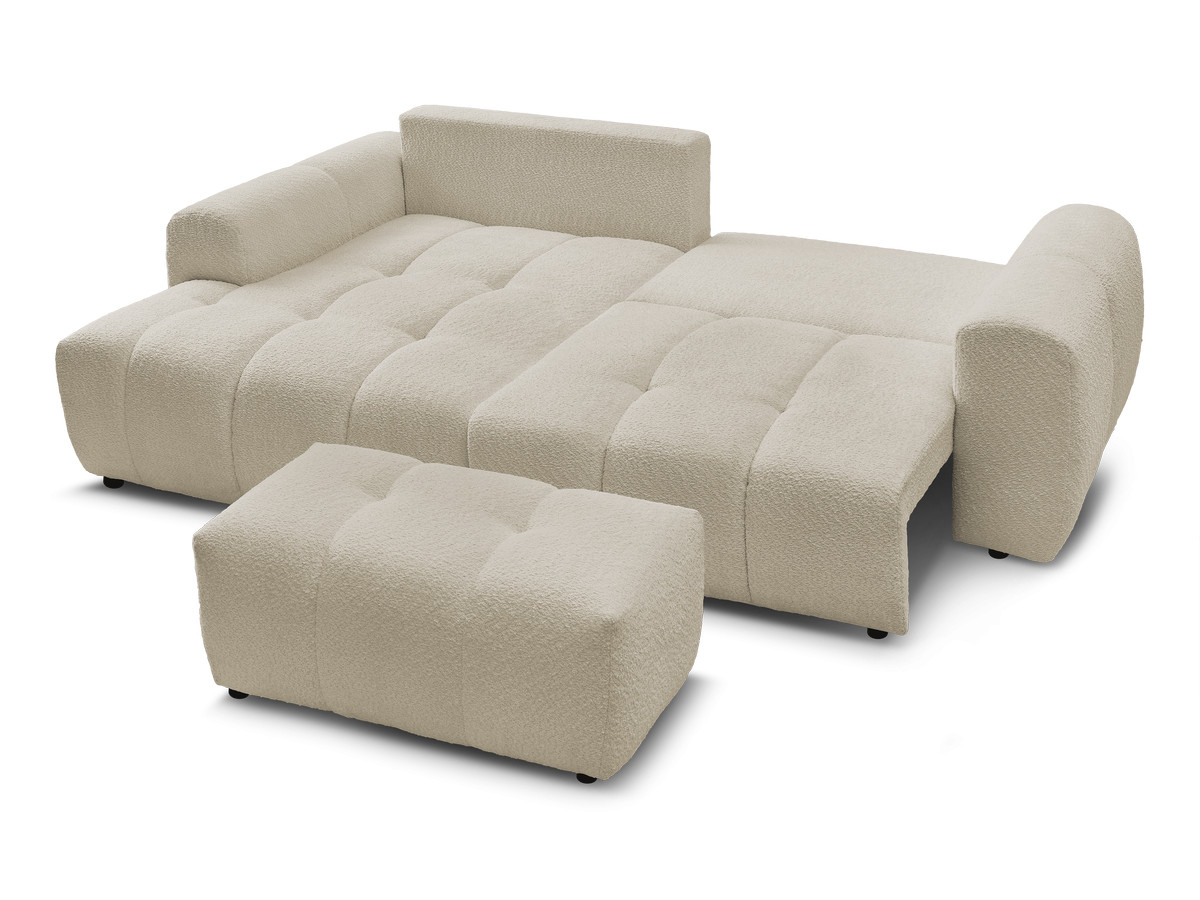 Canapé d'angle convertible coffre ROXELANE tissu bouclette avec pouf