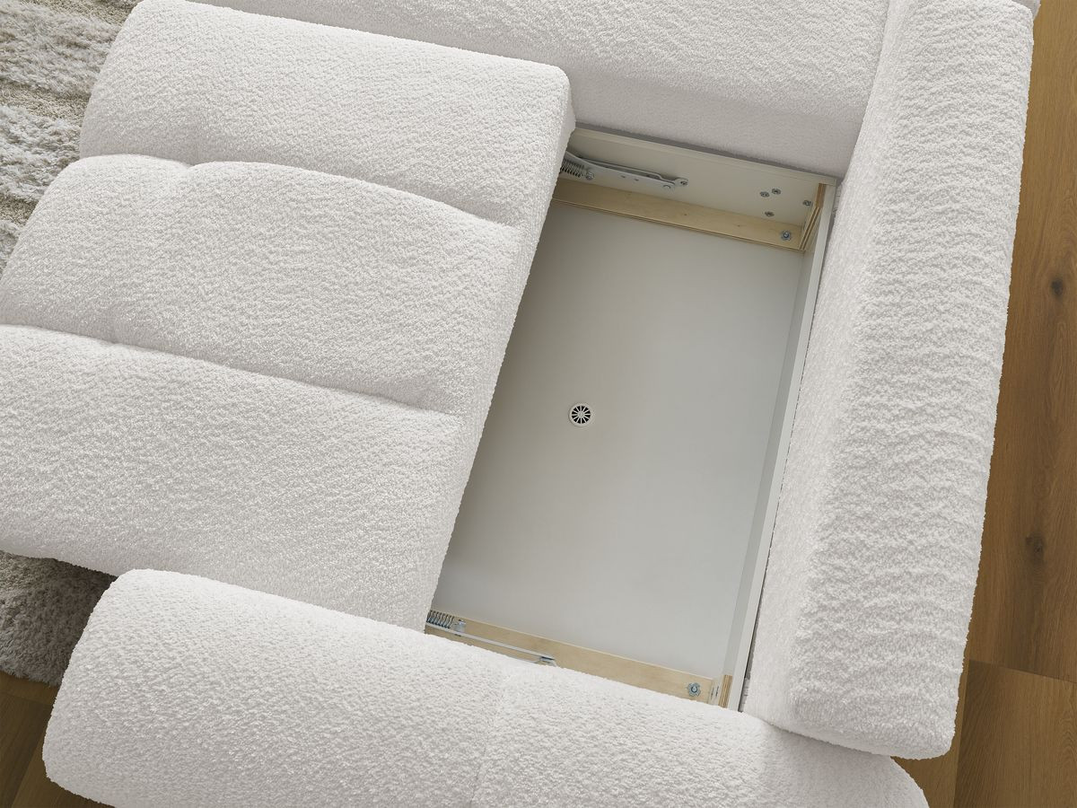 Canapé d'angle convertible coffre ROXELANE tissu bouclette avec pouf