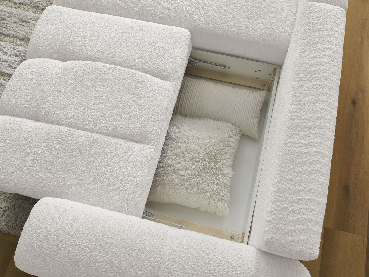 Canapé d'angle convertible coffre ROXELANE tissu bouclette avec pouf