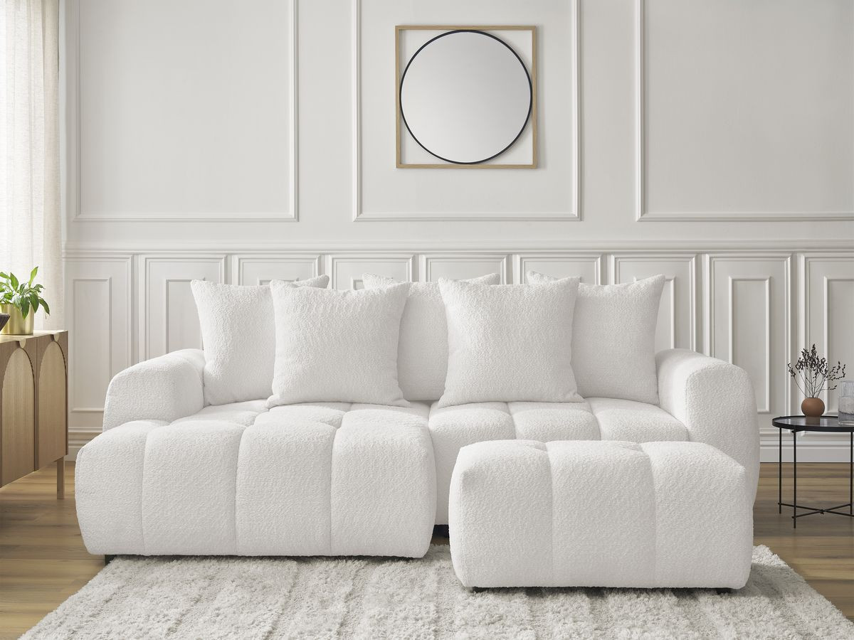 Canapé d'angle convertible coffre ROXELANE bouclette avec pouf blanc — vue 5
