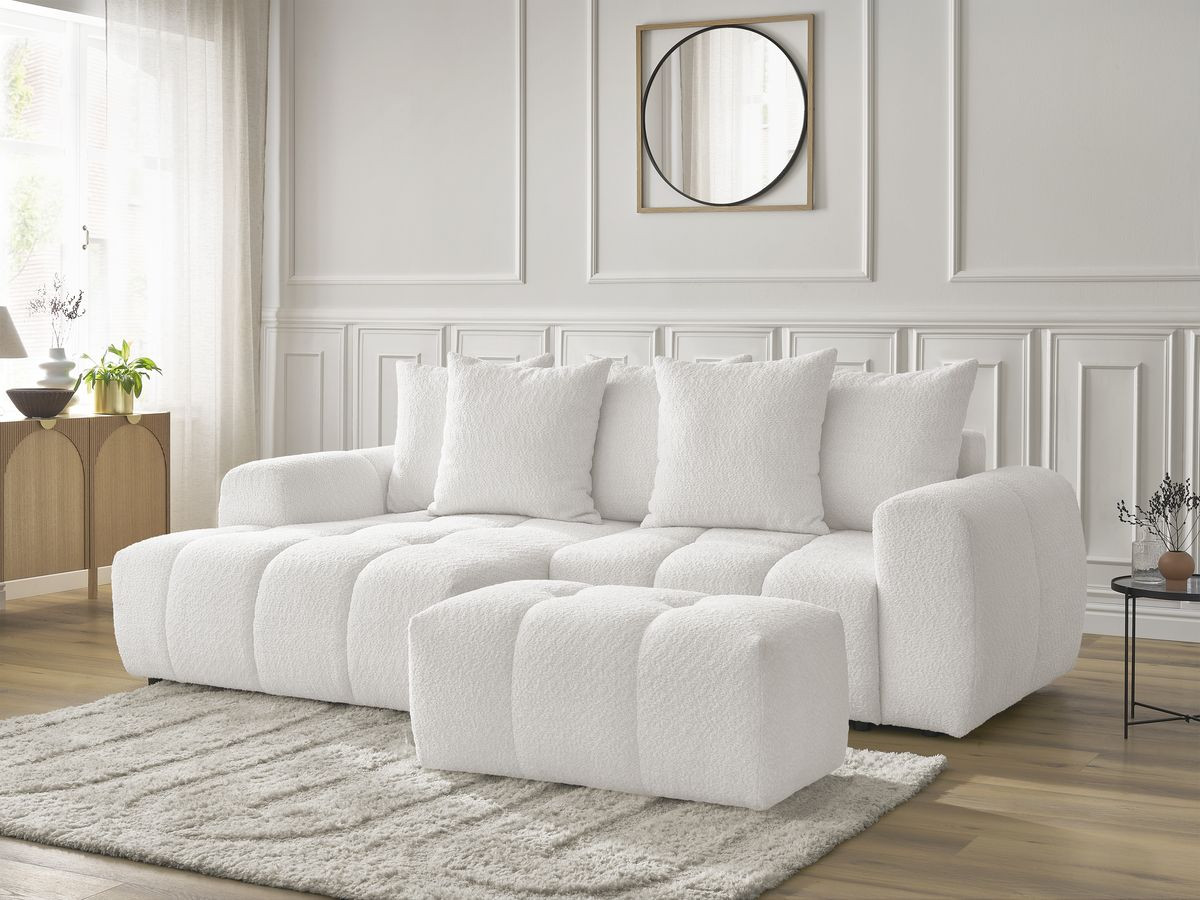 Canapé d'angle convertible coffre ROXELANE tissu bouclette avec pouf