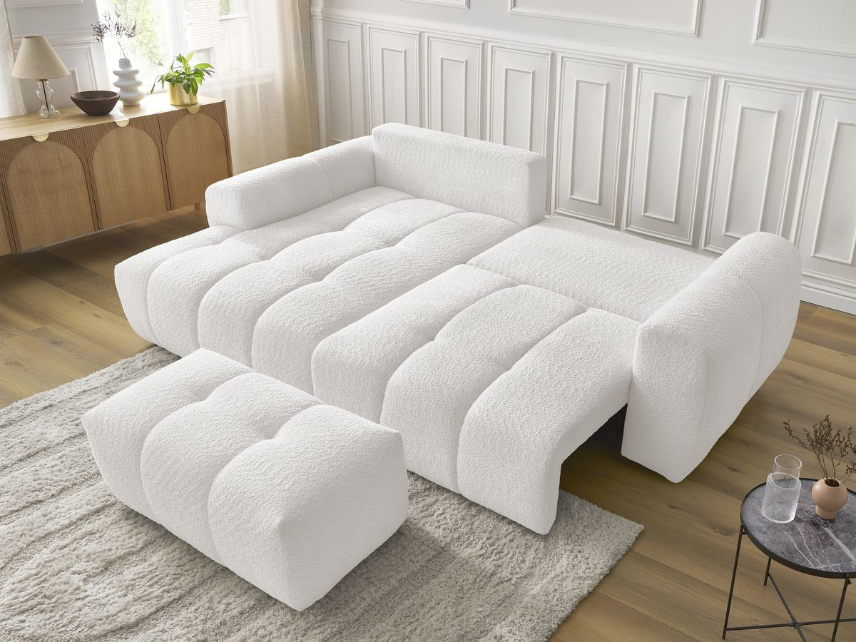 Canapé d'angle convertible coffre ROXELANE tissu bouclette avec pouf