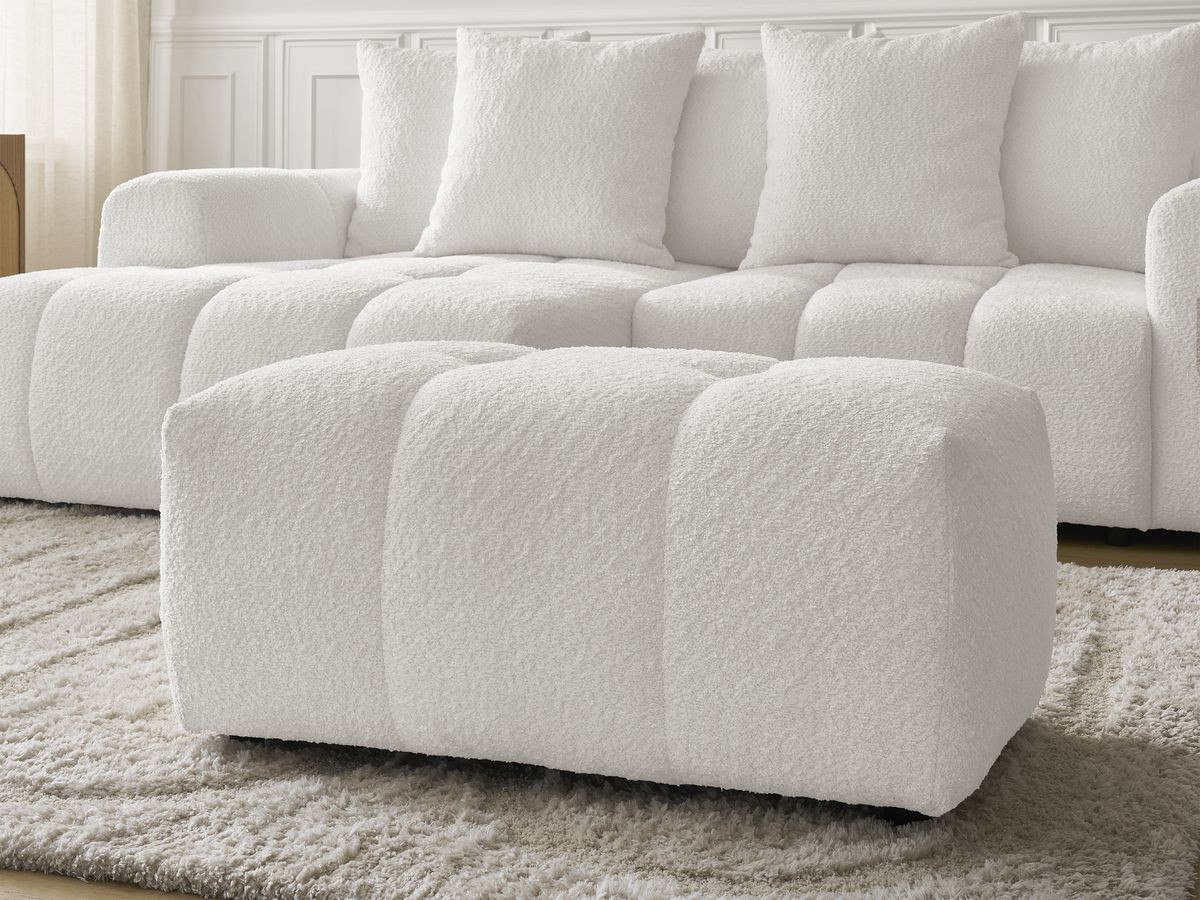 Canapé d'angle convertible coffre ROXELANE tissu bouclette avec pouf