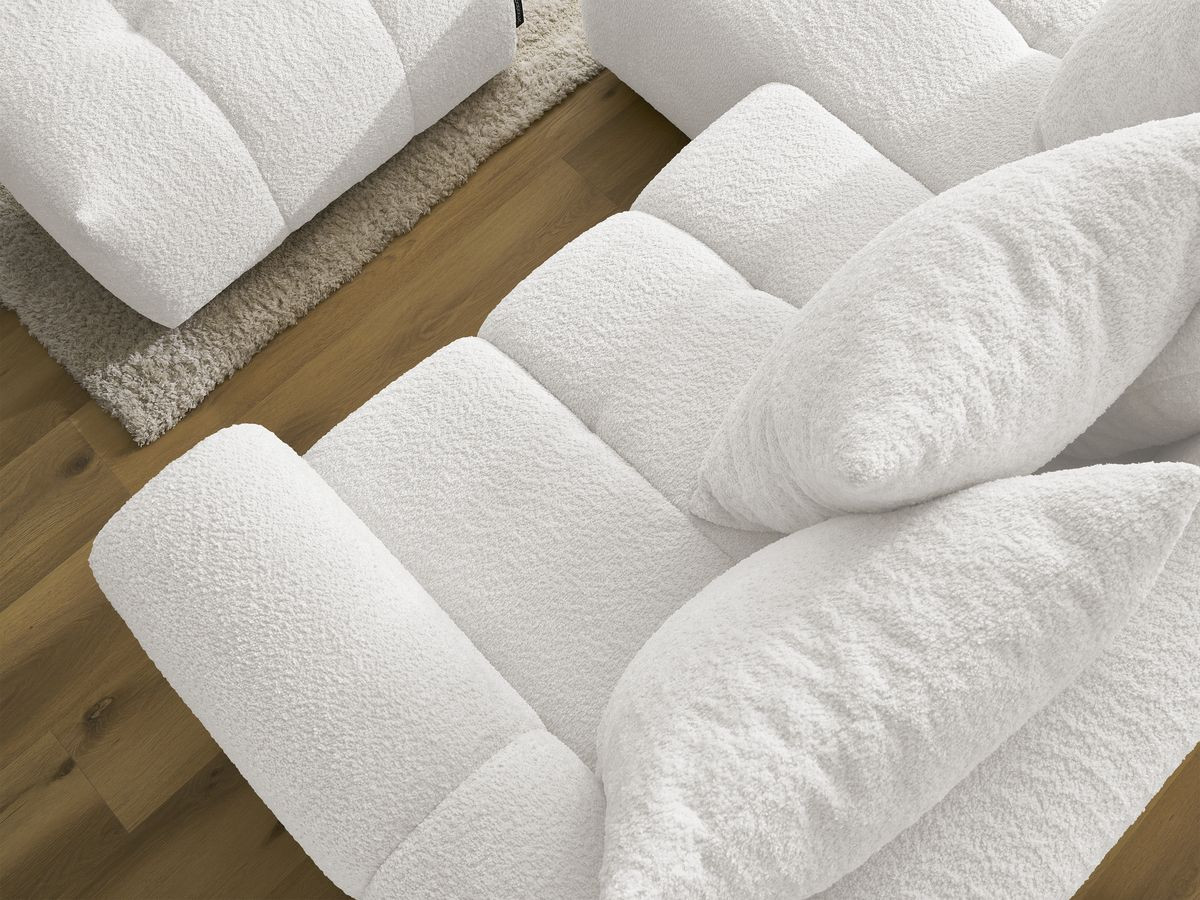 Canapé d'angle convertible coffre ROXELANE tissu bouclette avec pouf
