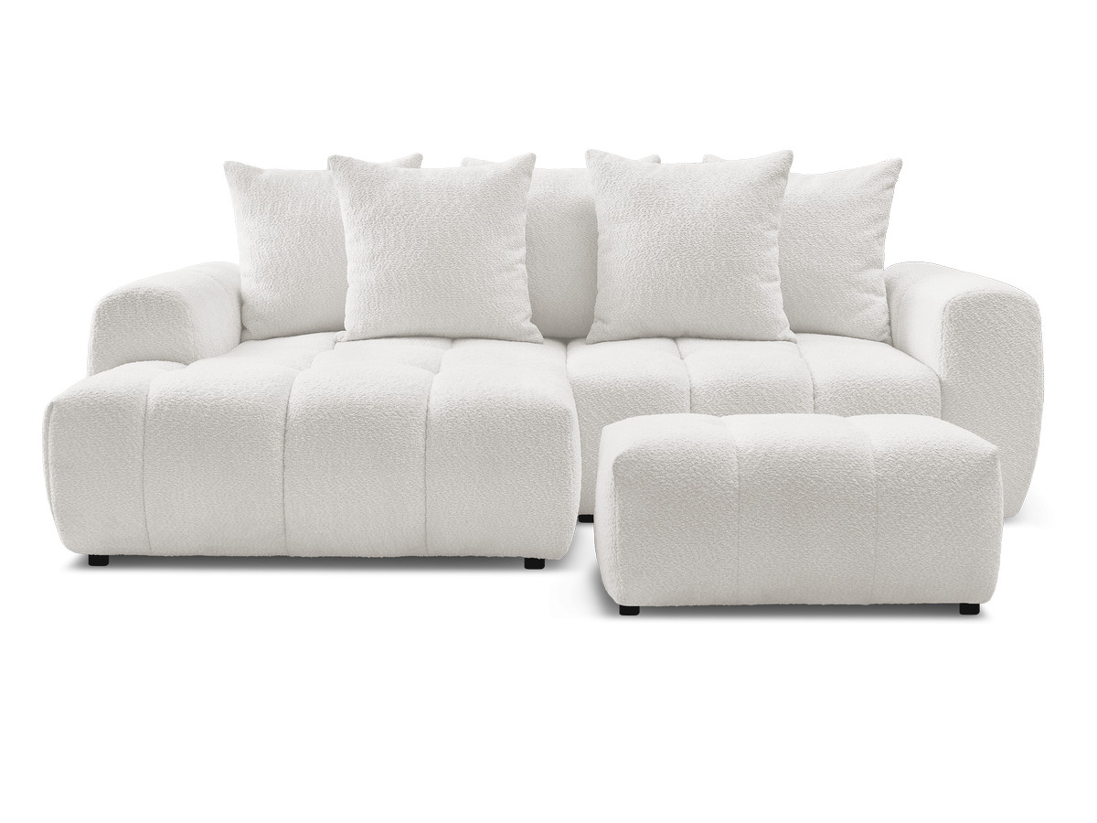 Canapé d'angle convertible coffre ROXELANE tissu bouclette avec pouf