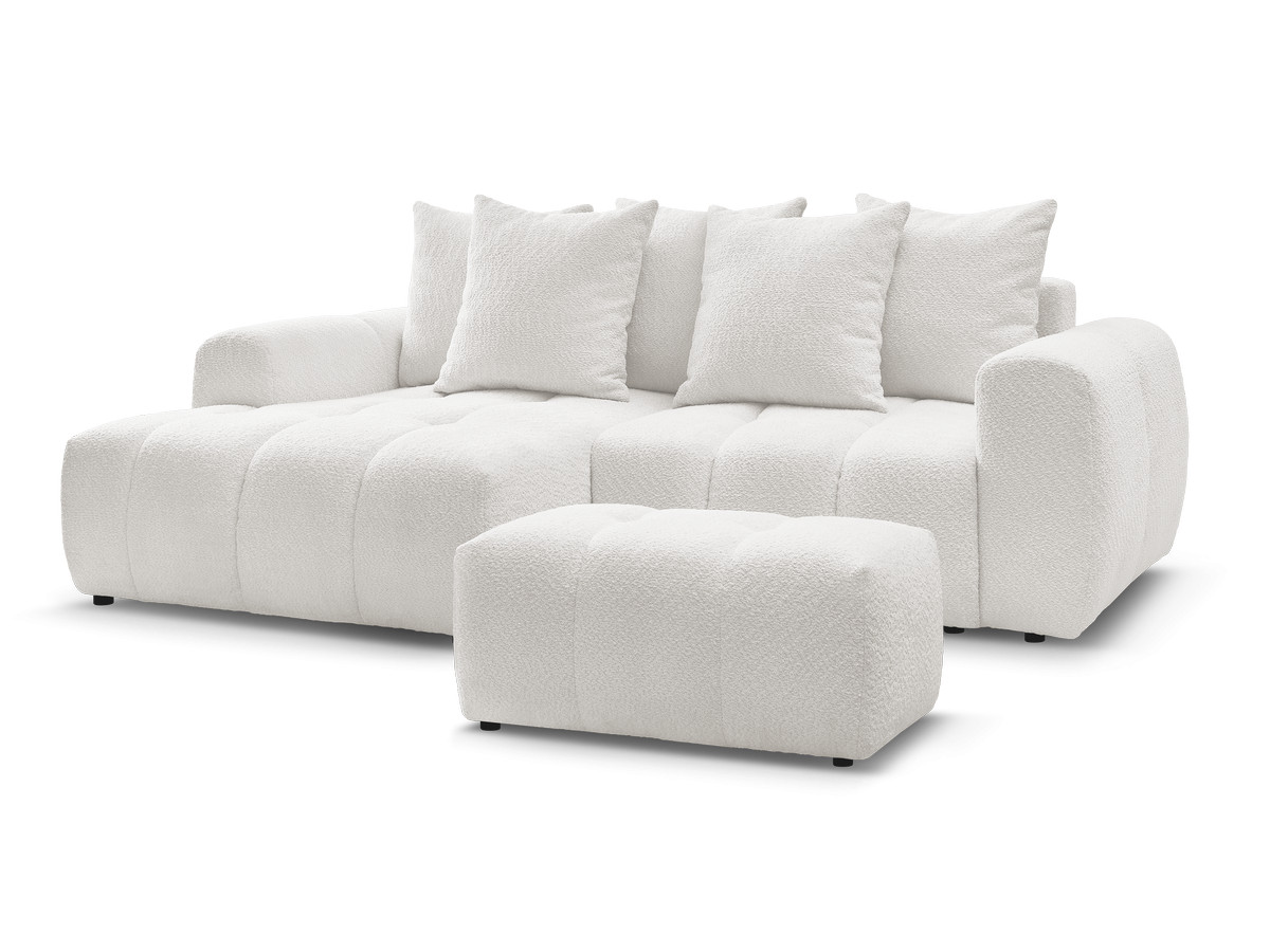 Canapé d'angle convertible coffre ROXELANE tissu bouclette avec pouf