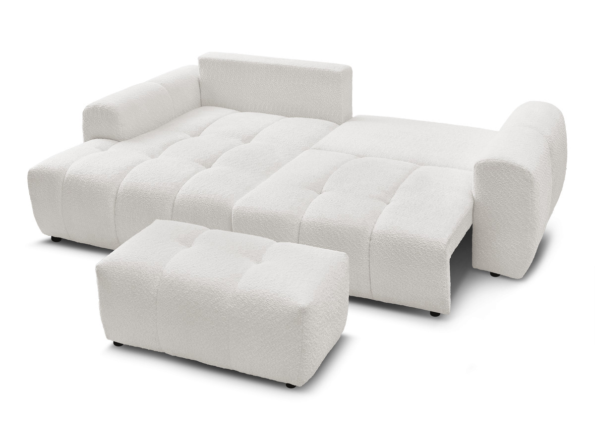 Canapé d'angle convertible coffre ROXELANE tissu bouclette avec pouf