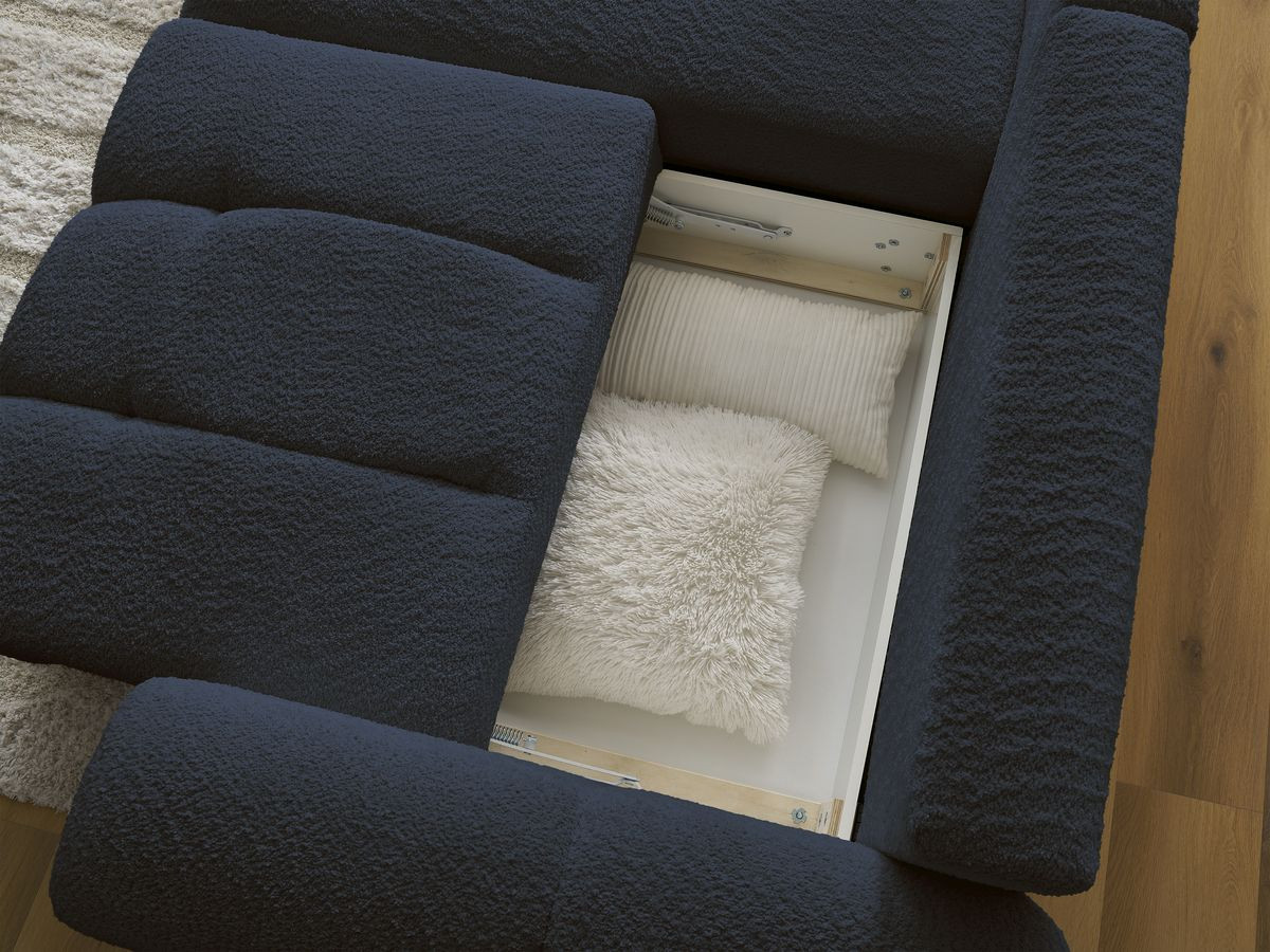 Canapé d'angle convertible coffre ROXELANE tissu bouclette avec pouf