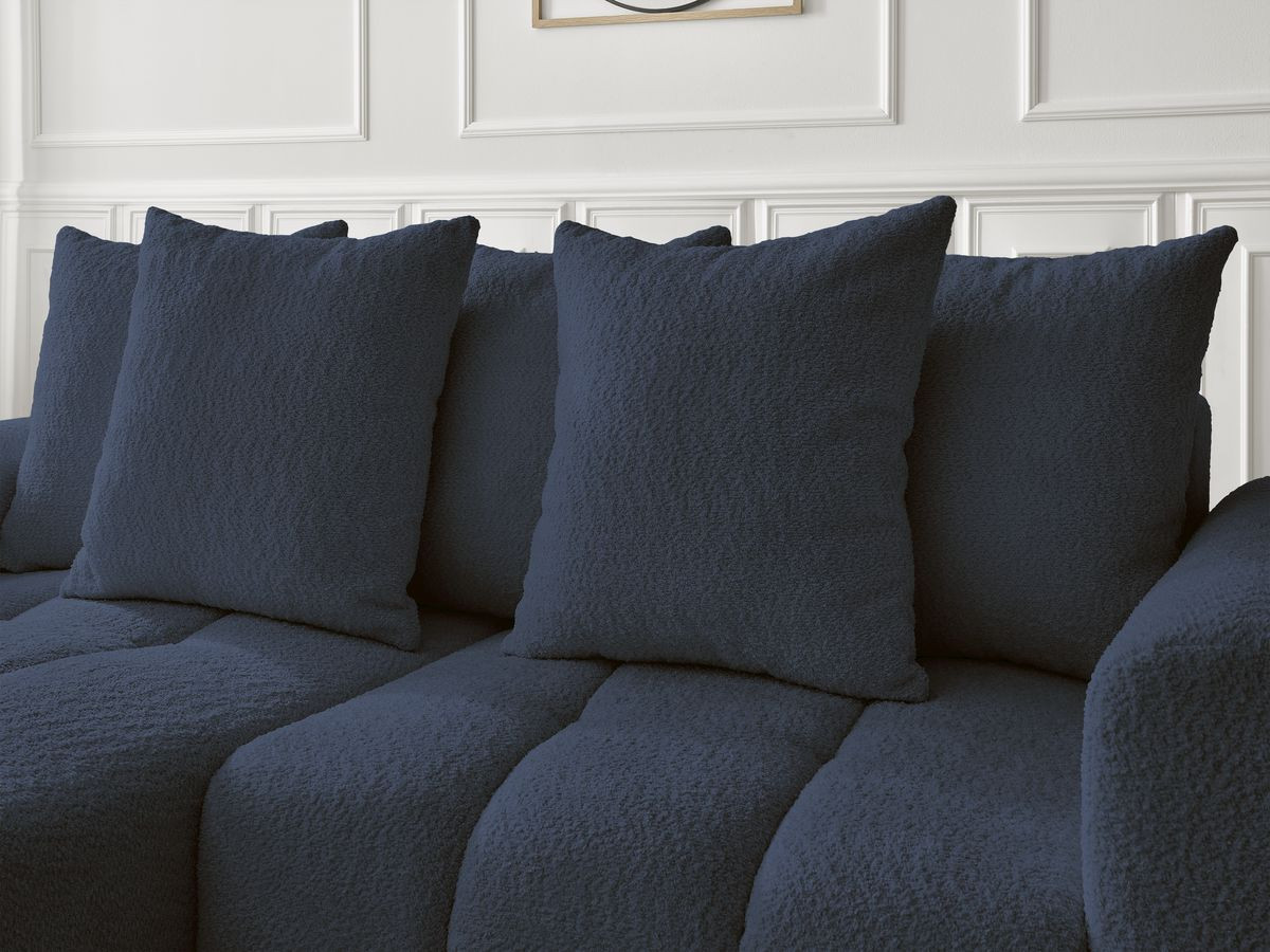Canapé d'angle convertible coffre ROXELANE tissu bouclette avec pouf