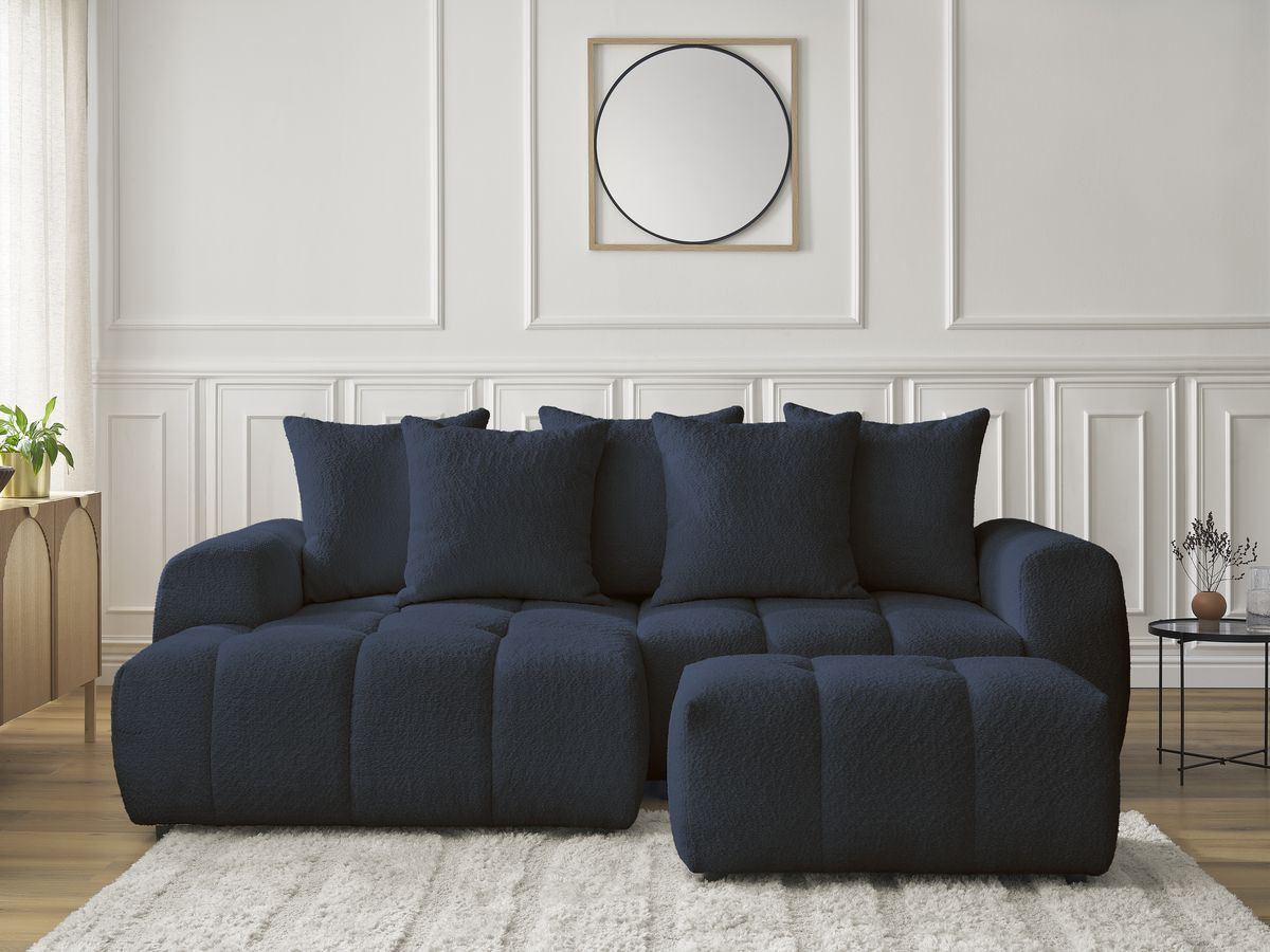 Canapé d'angle convertible coffre ROXELANE bouclette avec pouf bleu foncé — vue 5