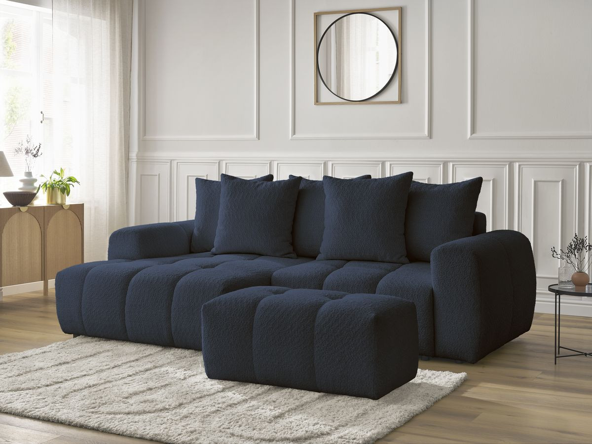 Canapé d'angle convertible coffre ROXELANE tissu bouclette avec pouf