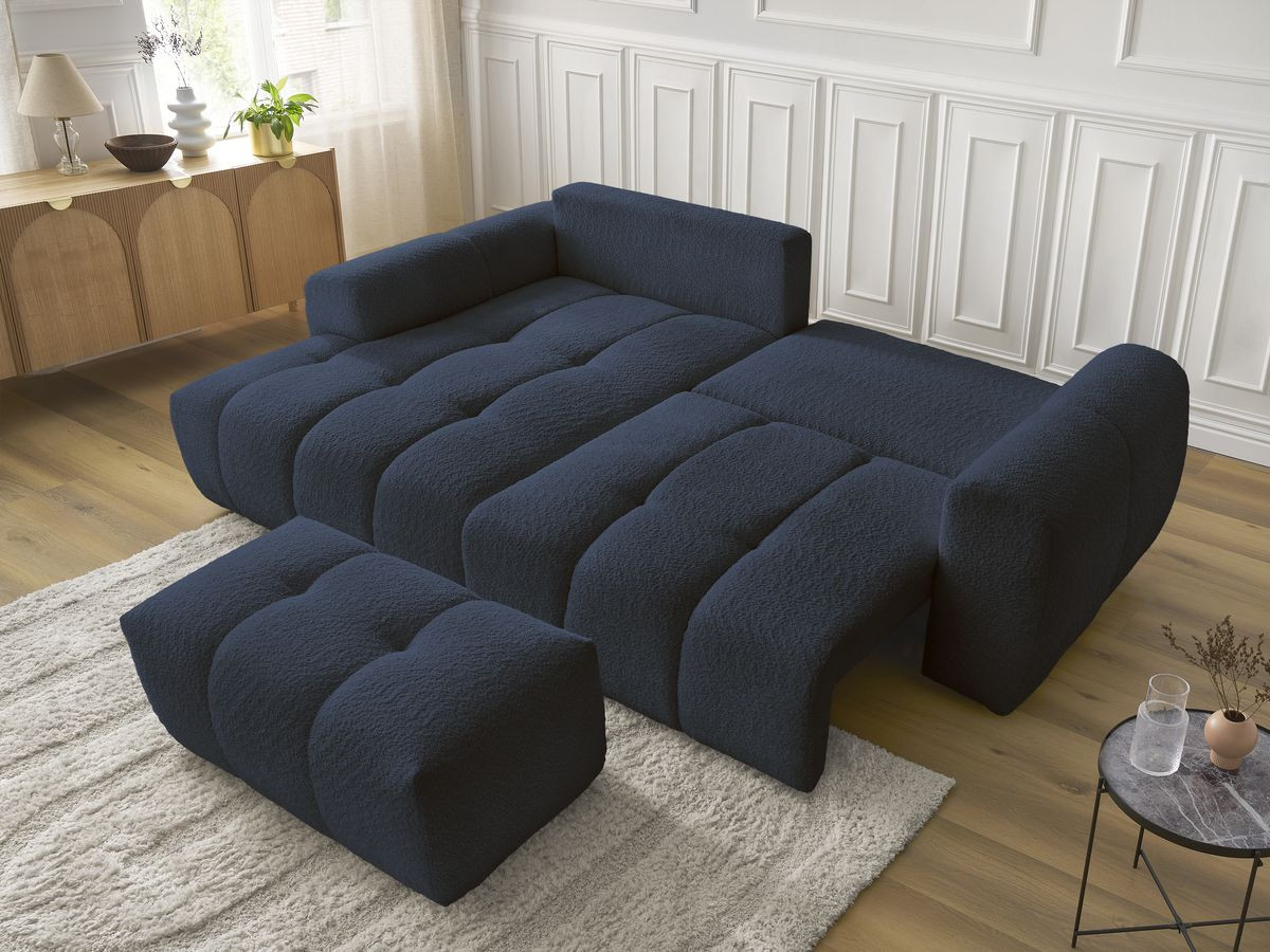 Canapé d'angle convertible coffre ROXELANE tissu bouclette avec pouf