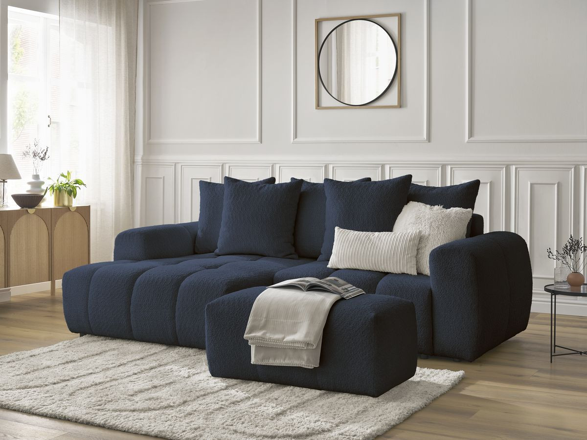 Canapé d'angle convertible coffre ROXELANE tissu bouclette avec pouf