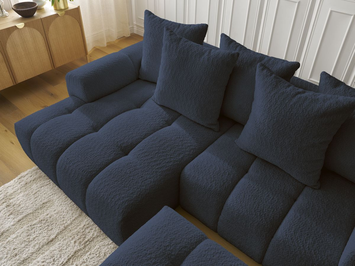 Canapé d'angle convertible coffre ROXELANE tissu bouclette avec pouf