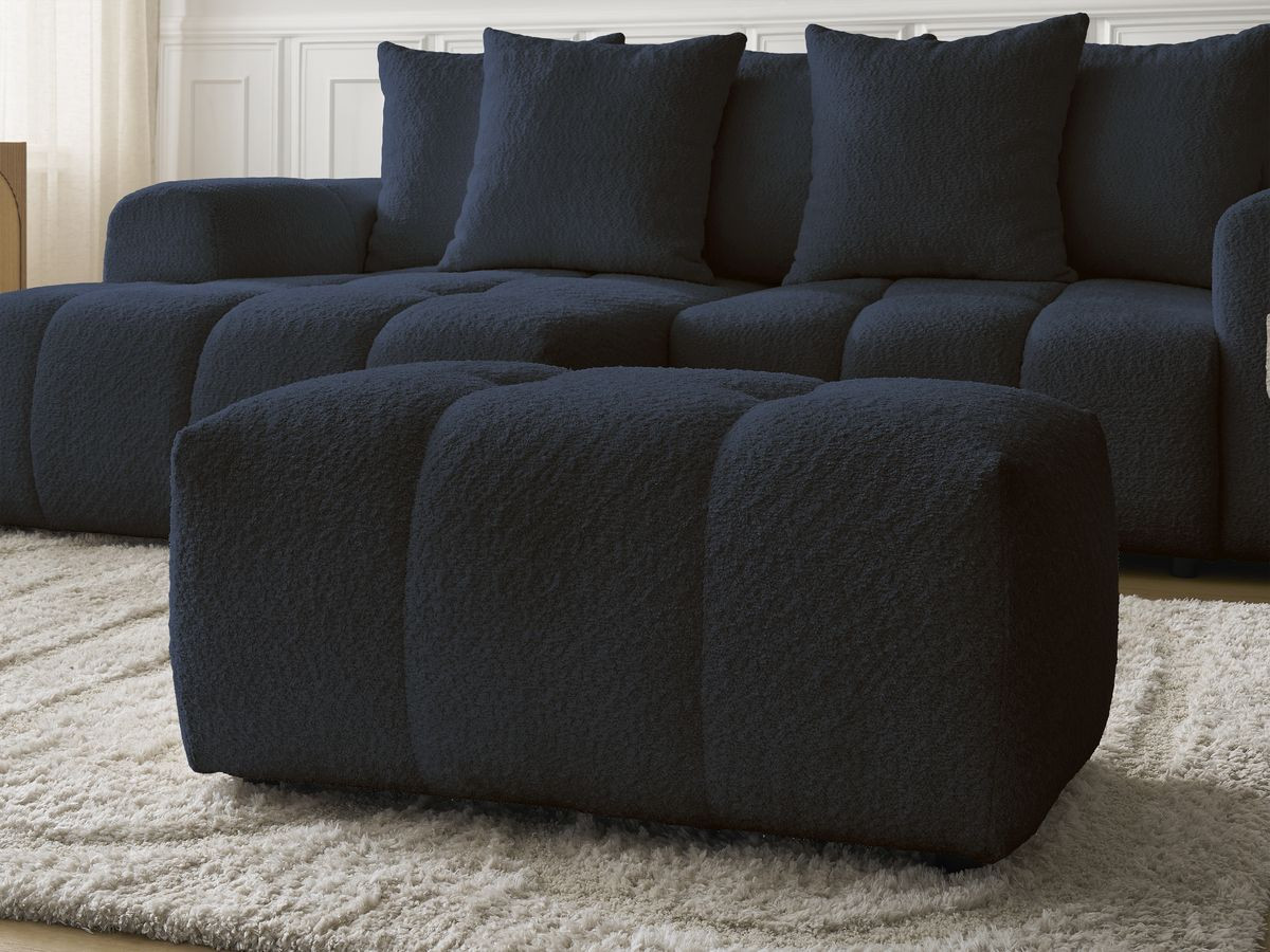 Canapé d'angle convertible coffre ROXELANE tissu bouclette avec pouf