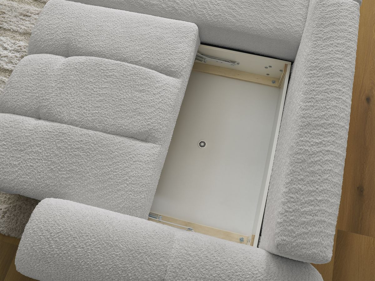 Canapé d'angle convertible coffre ROXELANE tissu bouclette avec pouf