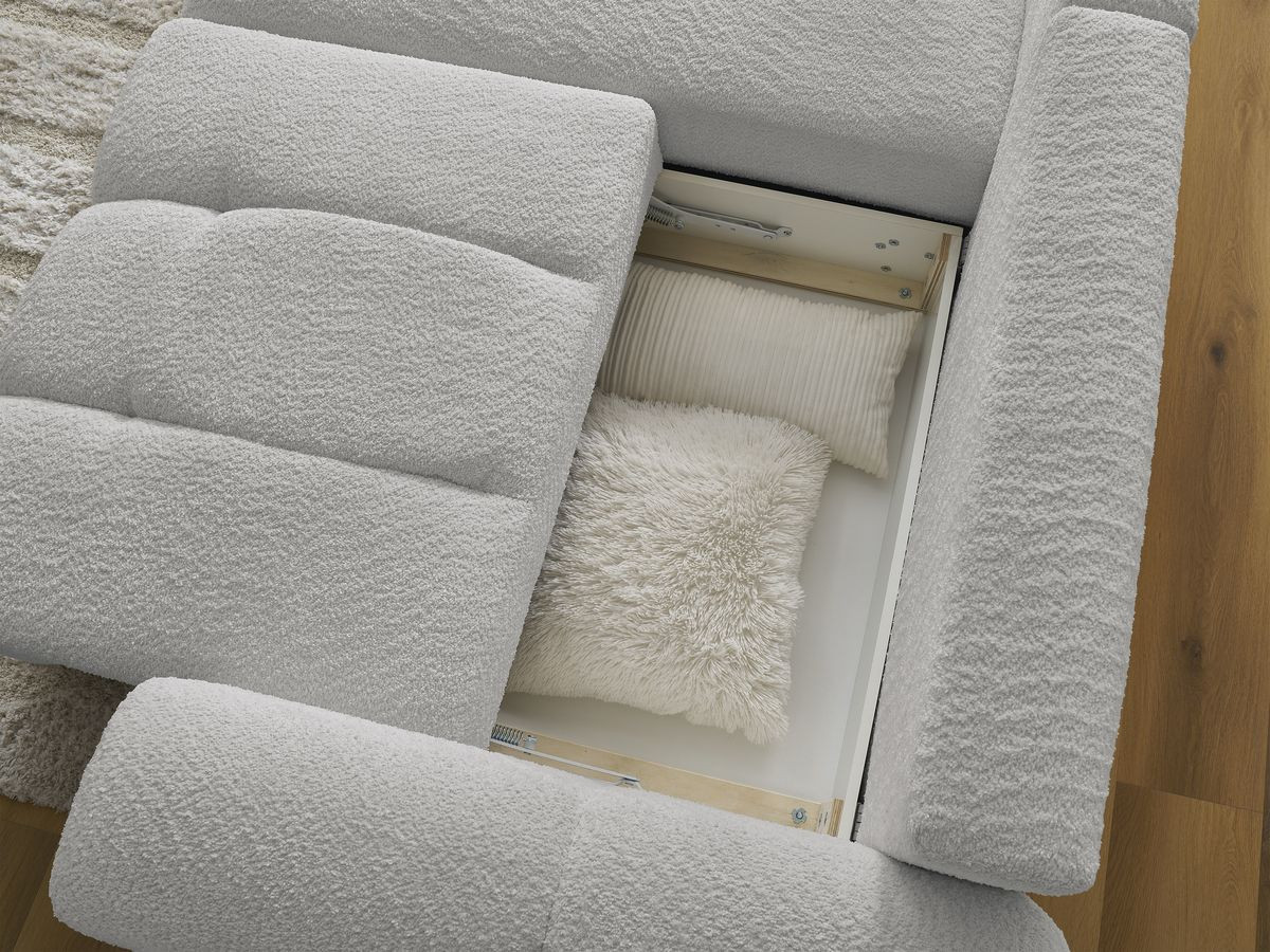 Canapé d'angle convertible coffre ROXELANE tissu bouclette avec pouf