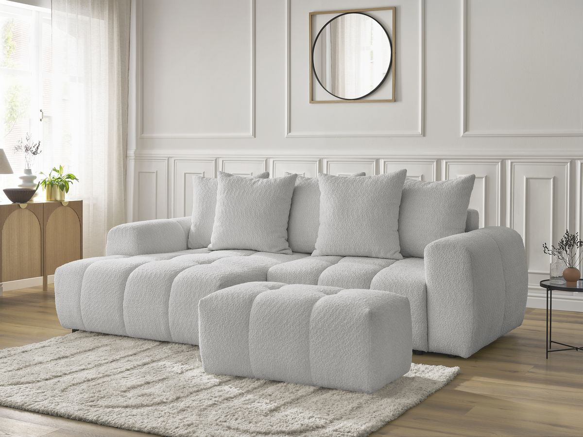 Canapé d'angle convertible coffre ROXELANE tissu bouclette avec pouf