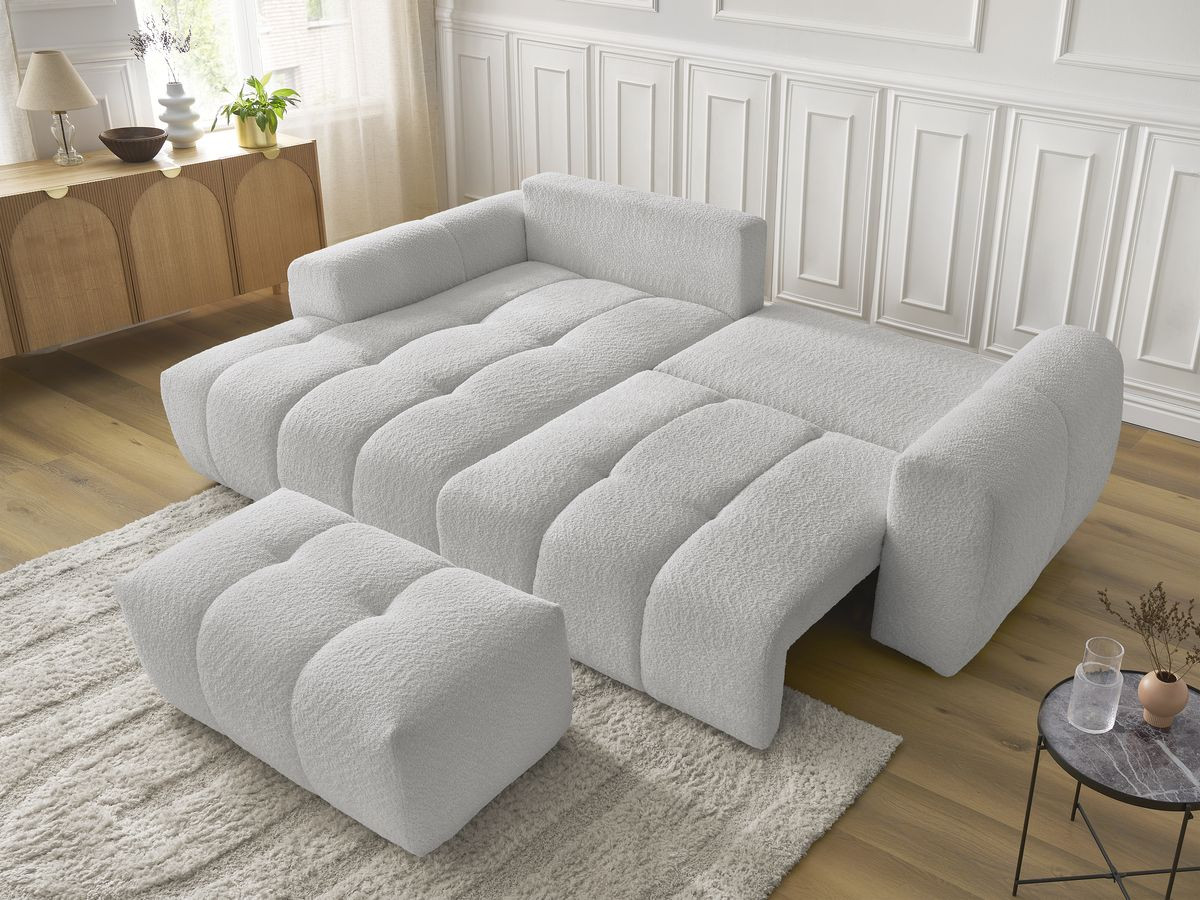 Canapé d'angle convertible coffre ROXELANE tissu bouclette avec pouf