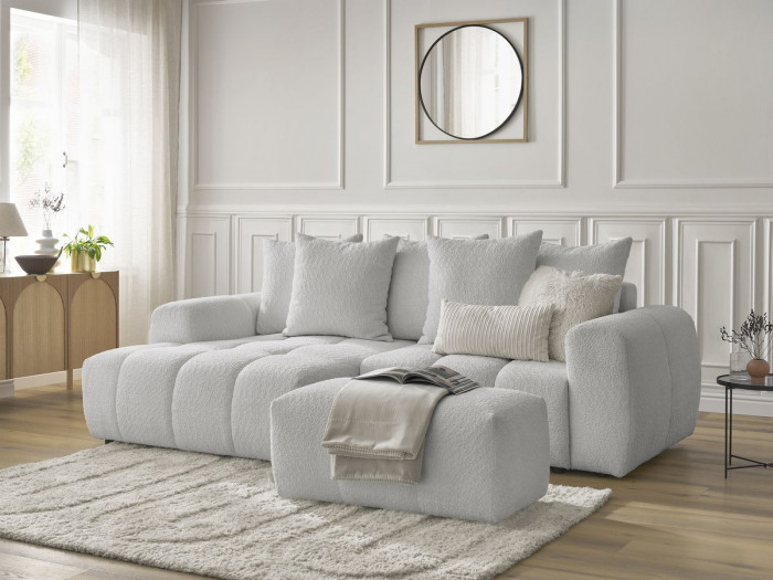 Canapé d'angle convertible coffre ROXELANE tissu bouclette avec pouf