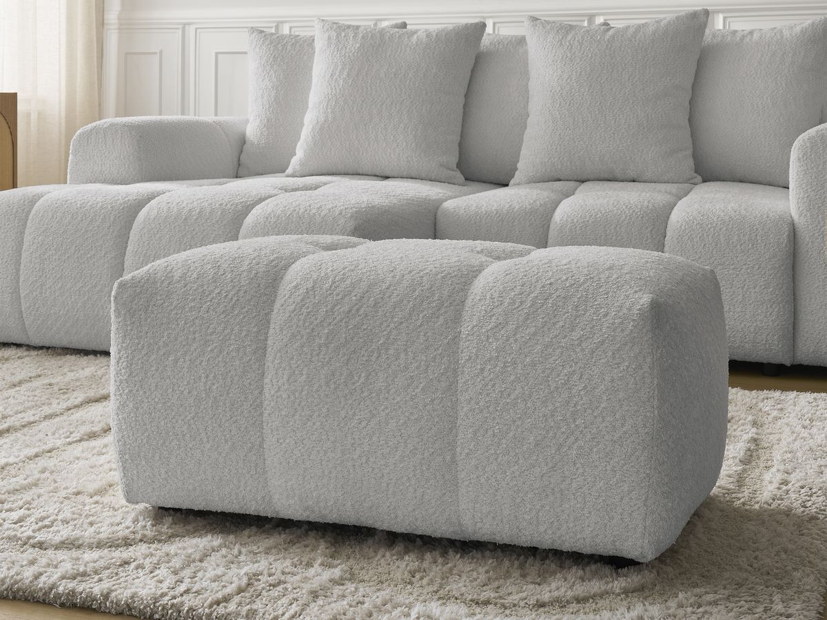 Canapé d'angle convertible coffre ROXELANE tissu bouclette avec pouf