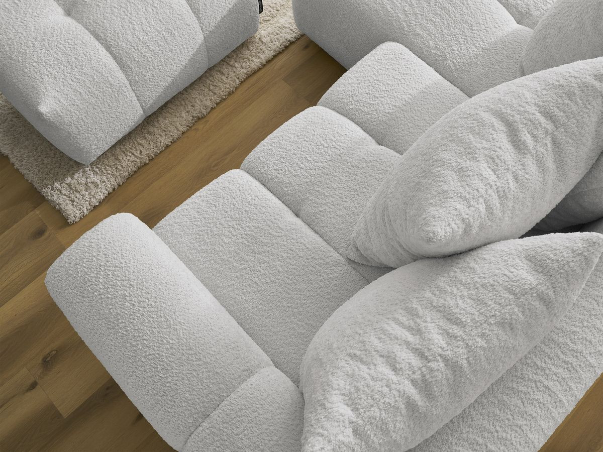 Canapé d'angle convertible coffre ROXELANE tissu bouclette avec pouf